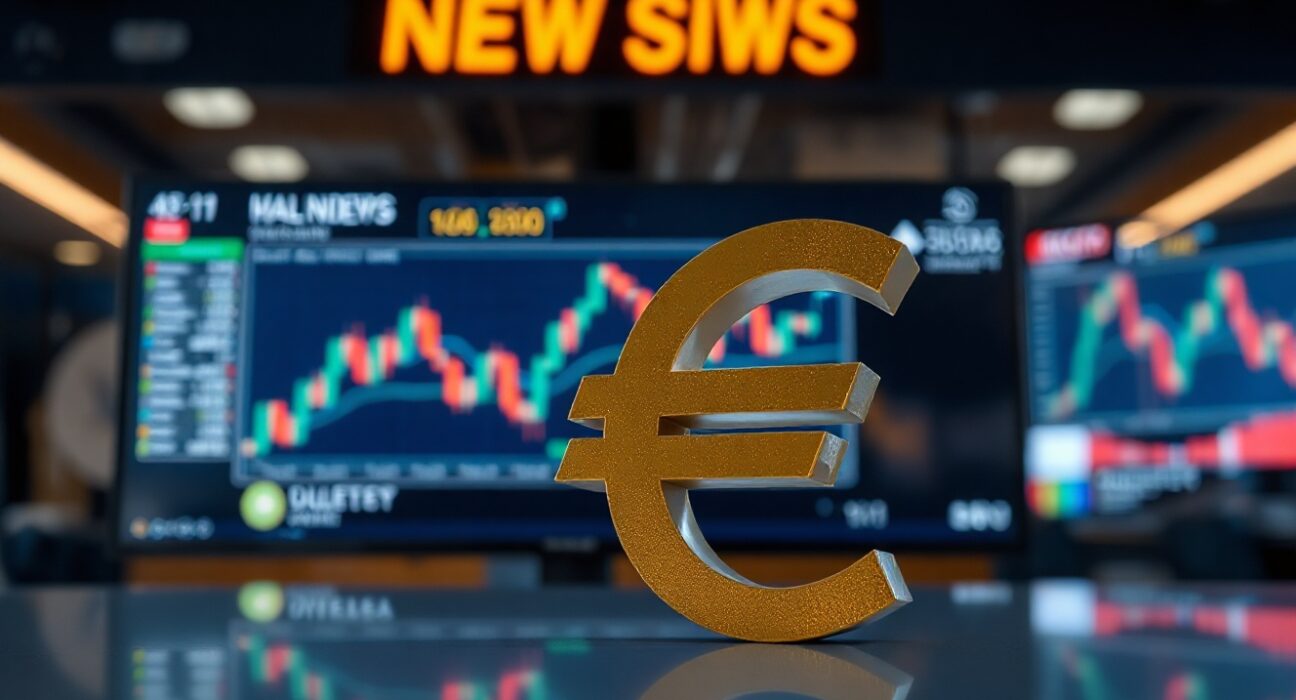 Euro symbol on financial news desk with charts in background