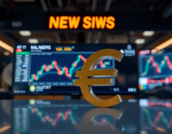 Euro symbol on financial news desk with charts in background
