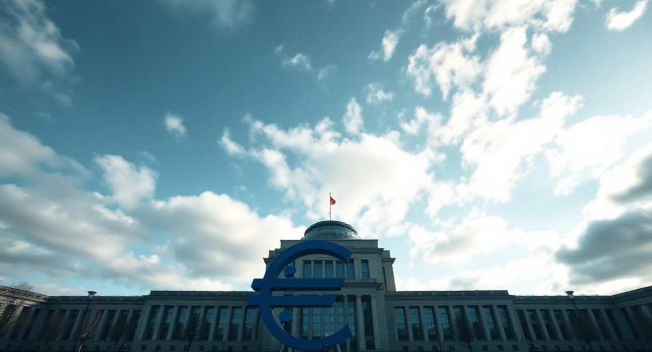European Central Bank headquarters in Frankfurt under a cloudy sky, representing euro stability amid geopolitical risk.