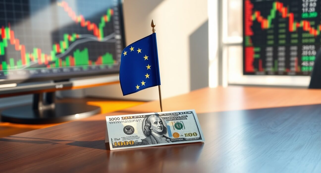 Euro and US dollar symbols with financial charts in background representing forex market stability.