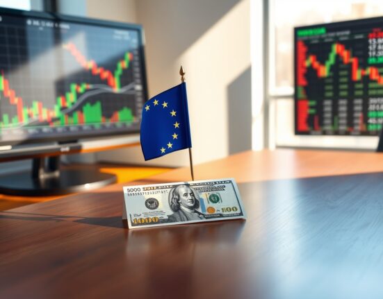 Euro and US dollar symbols with financial charts in background representing forex market stability.