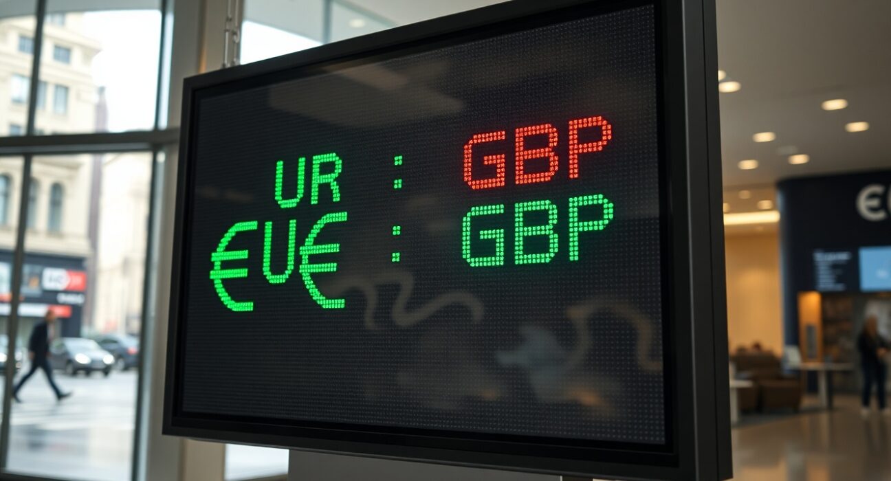 EUR/GBP exchange rate board in a European financial district, awaiting Eurozone HICP data release.