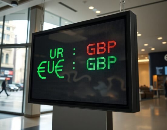 EUR/GBP exchange rate board in a European financial district, awaiting Eurozone HICP data release.