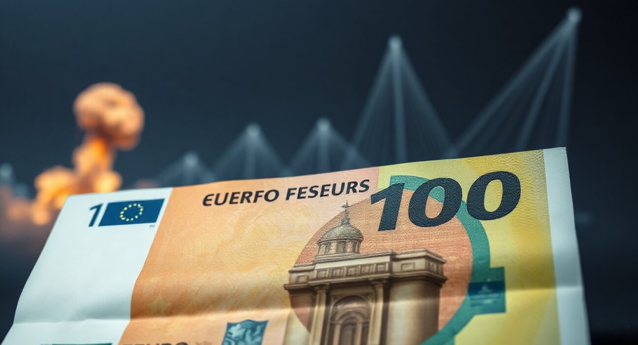 Close-up of a Euro banknote with a blurred geopolitical map and explosion silhouette in the background, representing currency market reaction to Iran tensions.
