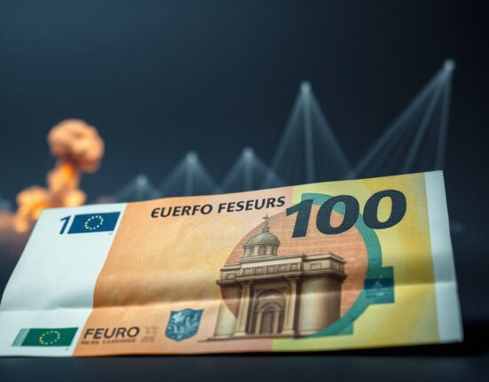 Close-up of a Euro banknote with a blurred geopolitical map and explosion silhouette in the background, representing currency market reaction to Iran tensions.