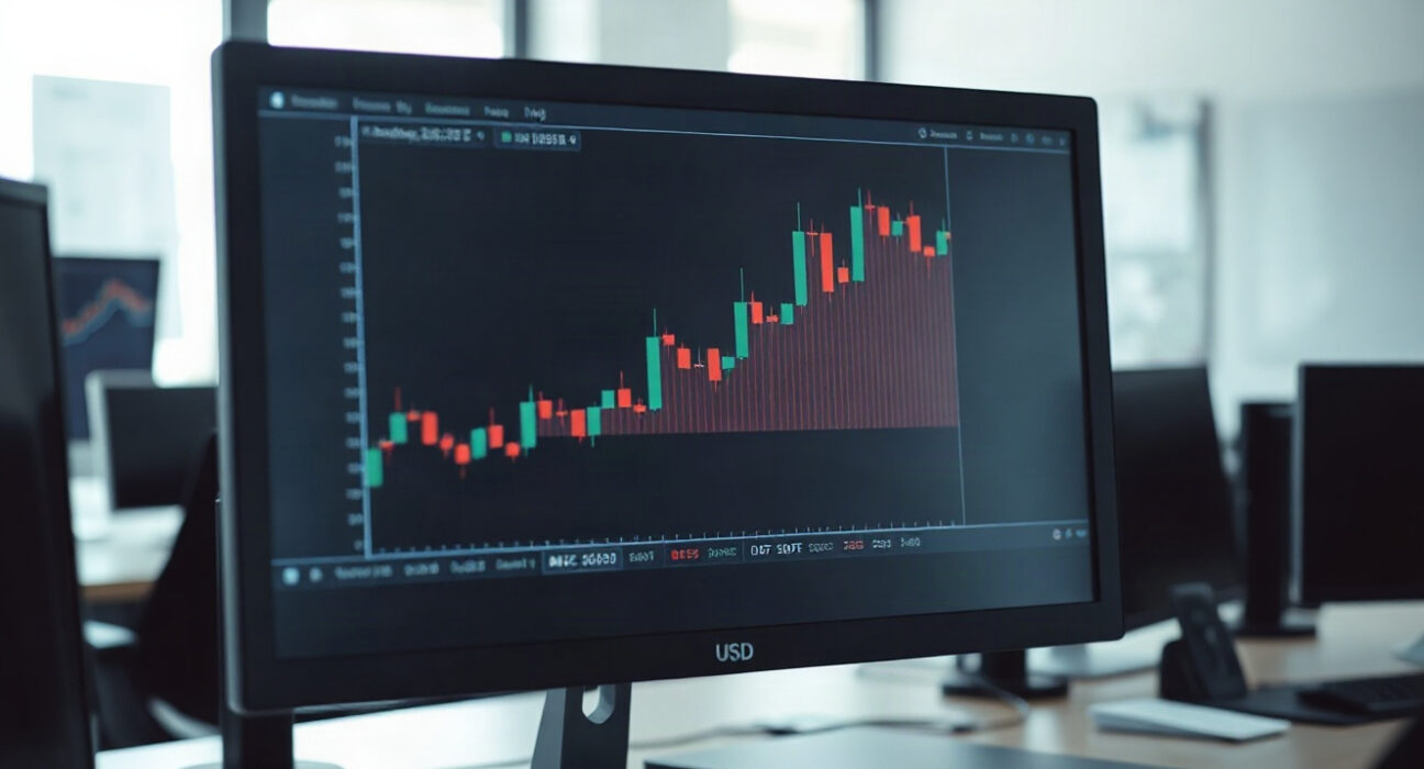 EUR/USD currency pair chart on a trading screen in a financial office