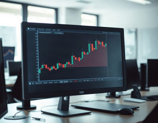 EUR/USD currency pair chart on a trading screen in a financial office