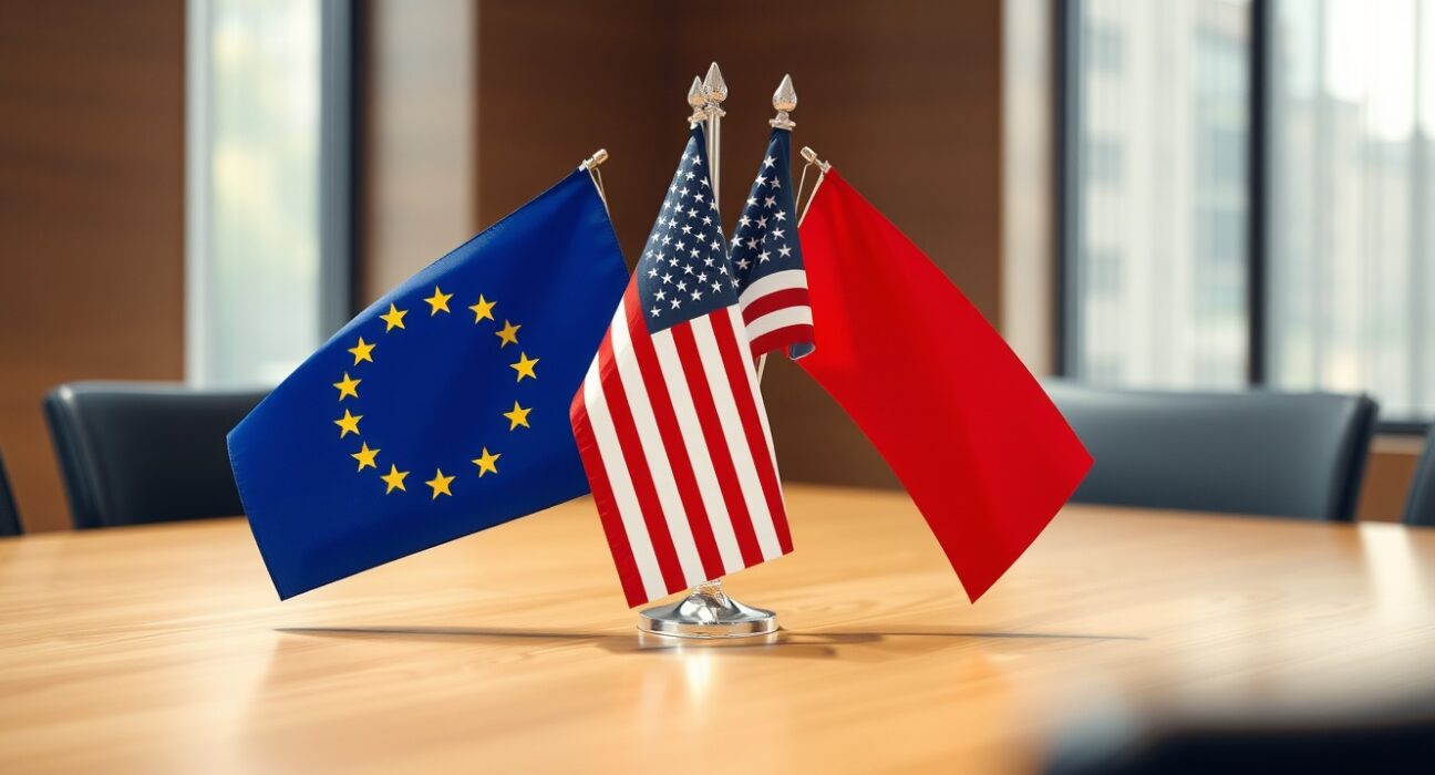 EU and US flags on a table in a diplomatic meeting room, representing US-Iran talks and euro market reaction