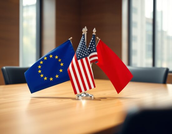 EU and US flags on a table in a diplomatic meeting room, representing US-Iran talks and euro market reaction