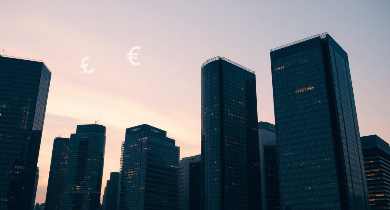 Financial district skyline at dusk representing currency market stability