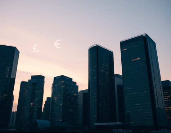 Financial district skyline at dusk representing currency market stability