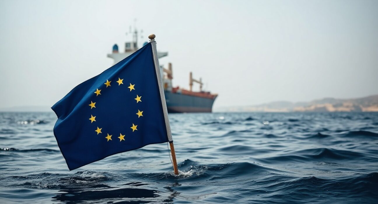 Oil tanker in the Strait of Hormuz with a submerged EU flag in the foreground symbolizing geopolitical risk to the euro.