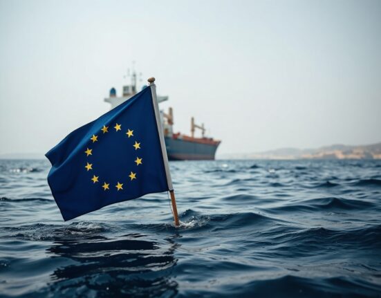 Oil tanker in the Strait of Hormuz with a submerged EU flag in the foreground symbolizing geopolitical risk to the euro.