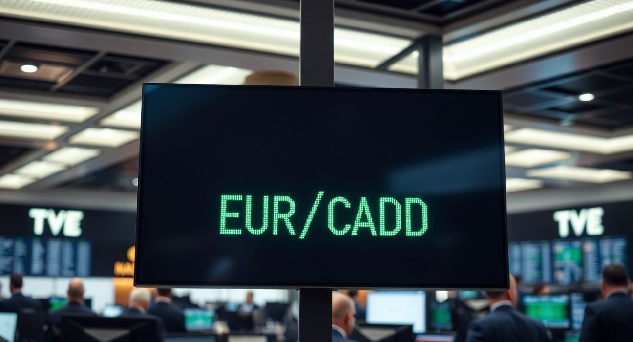 EUR/CAD exchange rate displayed on a digital trading screen in a financial district.