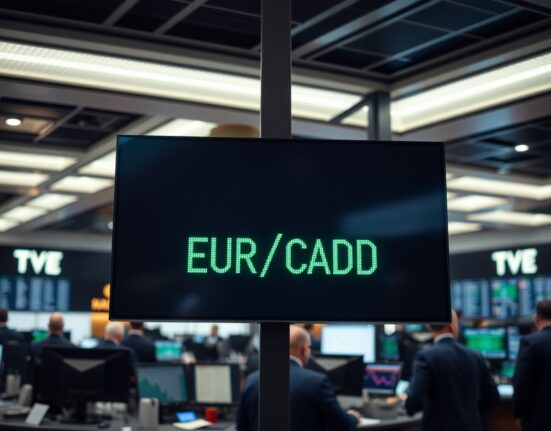 EUR/CAD exchange rate displayed on a digital trading screen in a financial district.