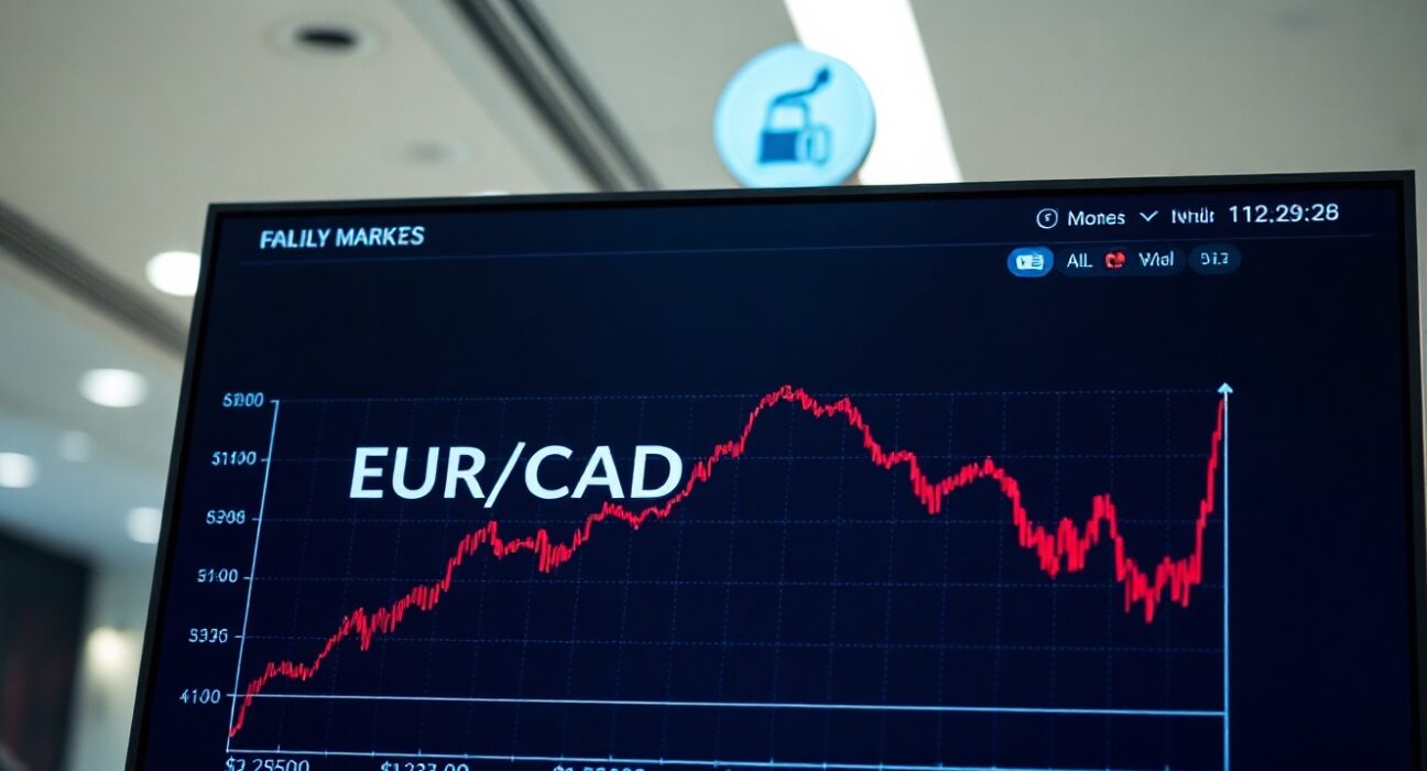 EUR/CAD exchange rate chart showing euro strengthening against Canadian dollar on trading desk screen