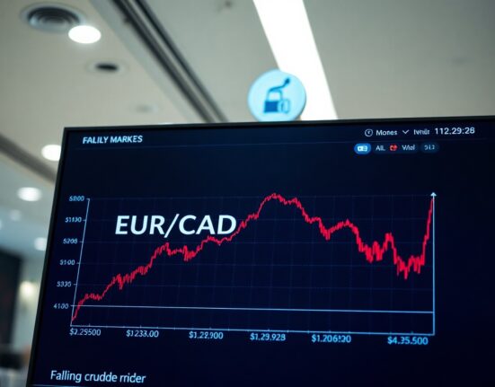 EUR/CAD exchange rate chart showing euro strengthening against Canadian dollar on trading desk screen