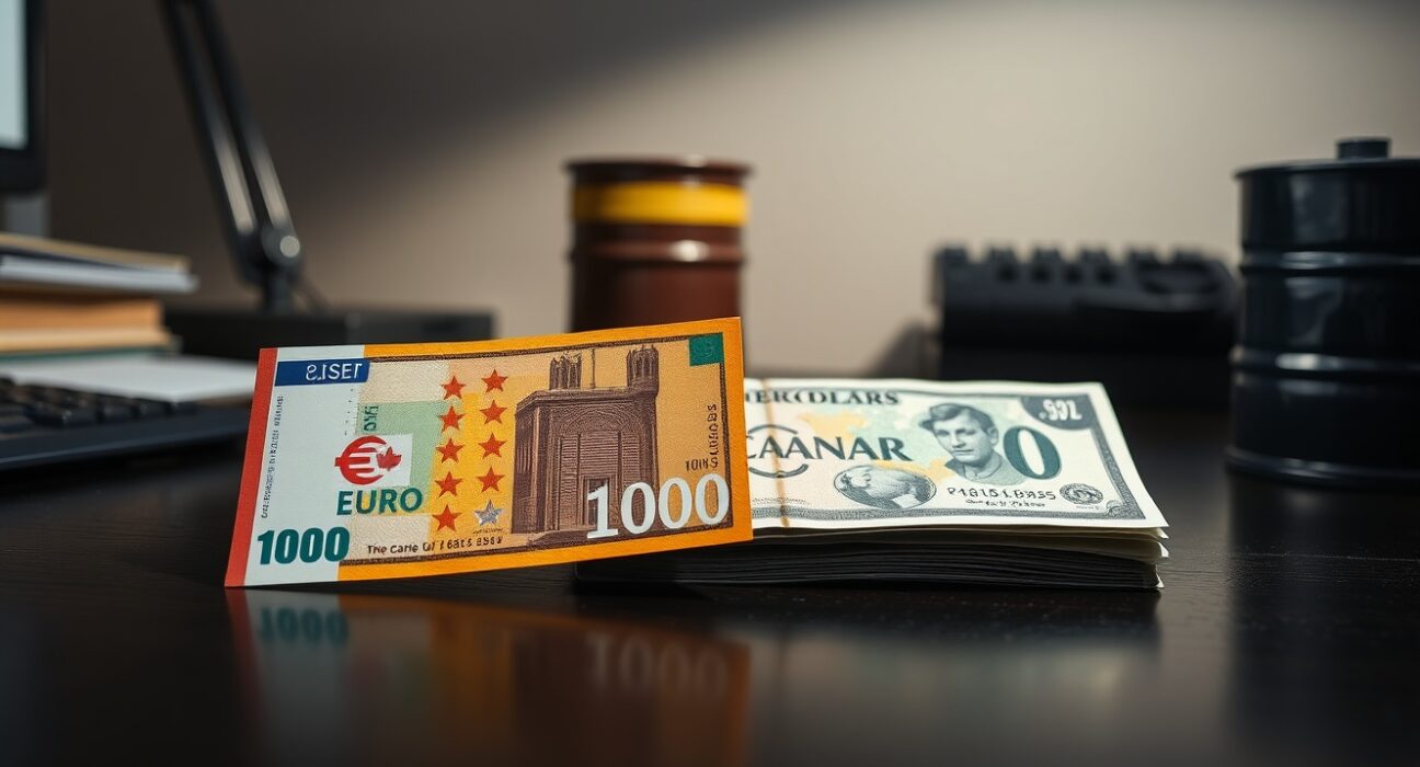 Euro and Canadian dollar banknotes on a desk with an oil barrel in the background