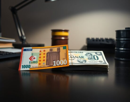 Euro and Canadian dollar banknotes on a desk with an oil barrel in the background