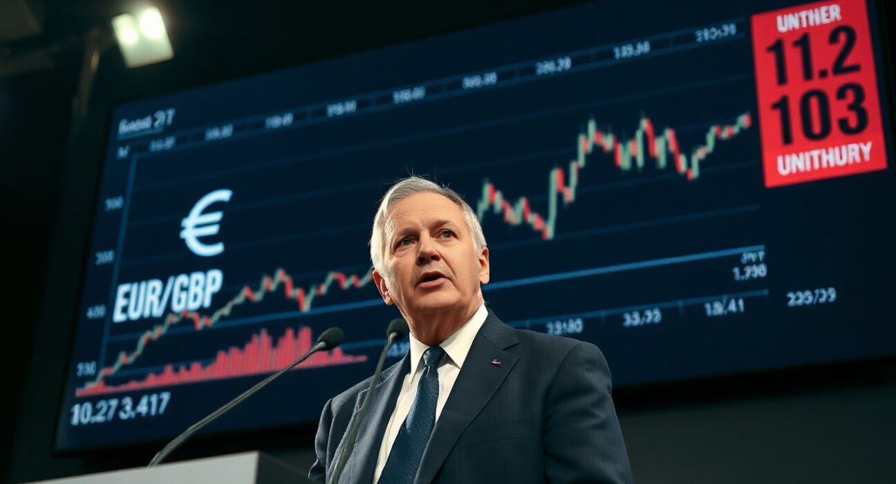ECB official at press conference with EUR/GBP chart showing upward trend