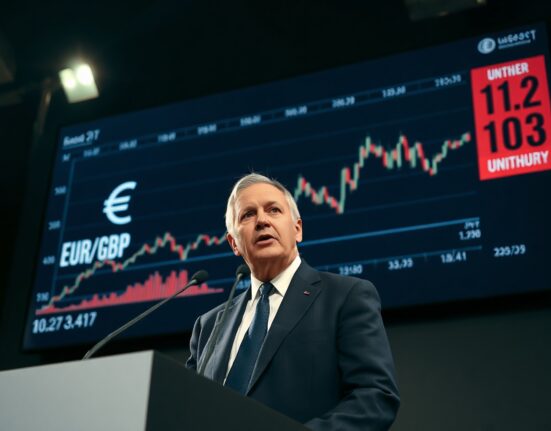 ECB official at press conference with EUR/GBP chart showing upward trend