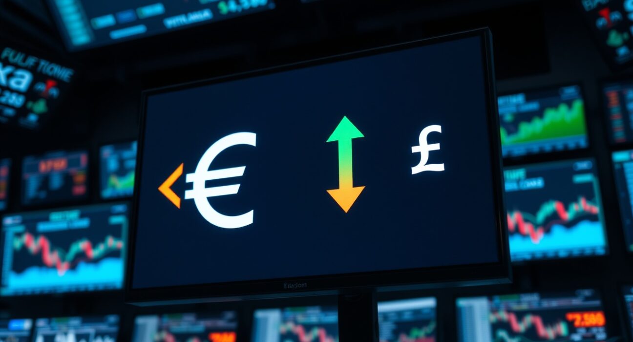 EUR/GBP currency pair on trading screen with euro rising and pound falling