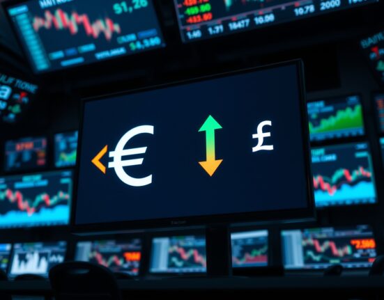 EUR/GBP currency pair on trading screen with euro rising and pound falling