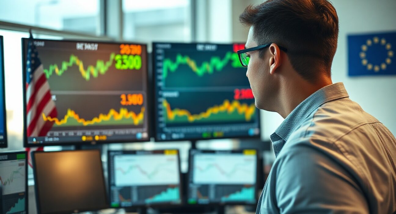 Financial trader monitoring EUR/USD exchange rate charts on multiple screens in a modern office