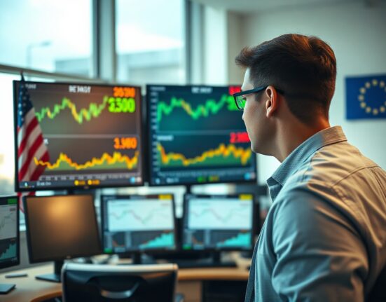 Financial trader monitoring EUR/USD exchange rate charts on multiple screens in a modern office