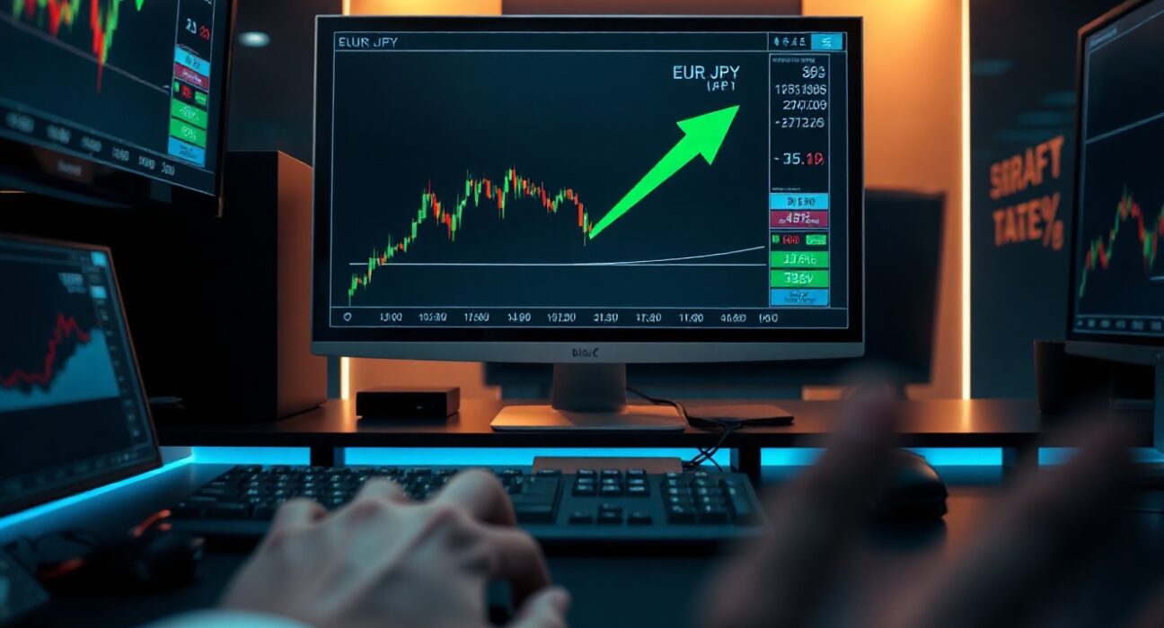EUR/JPY chart on trading monitor showing upward trend in a professional trading environment