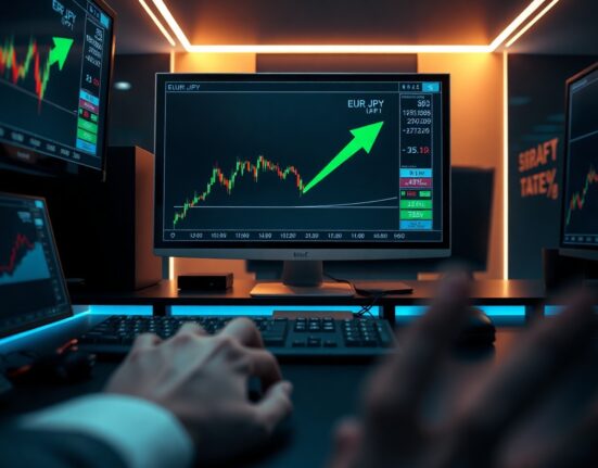EUR/JPY chart on trading monitor showing upward trend in a professional trading environment