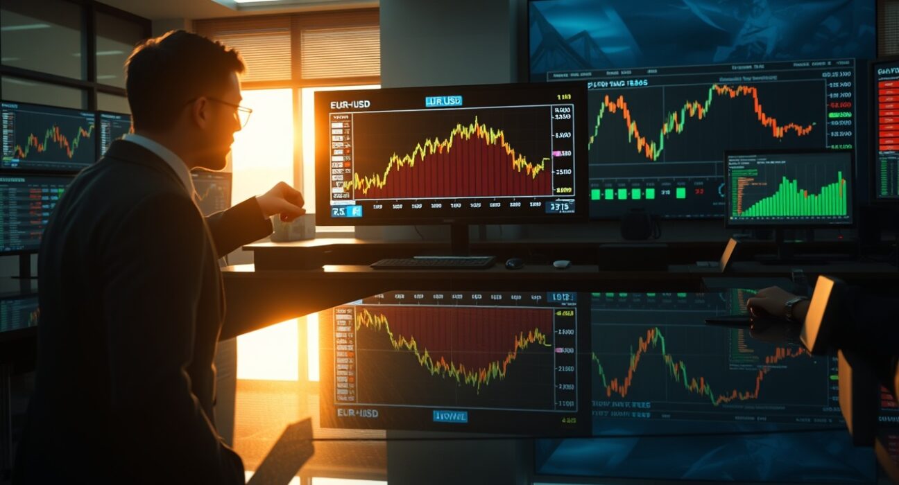Financial trading floor with EUR/USD charts and European bond yield data on monitors