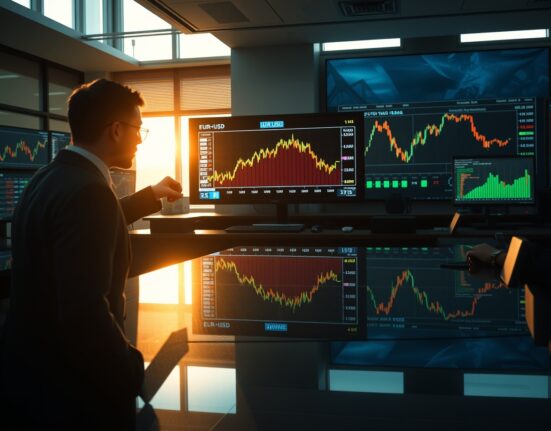 Financial trading floor with EUR/USD charts and European bond yield data on monitors