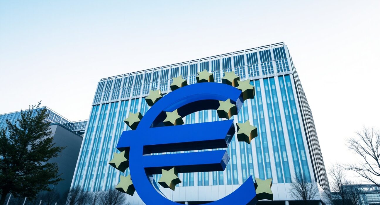 European Central Bank headquarters in Frankfurt with euro symbol in foreground on a clear day