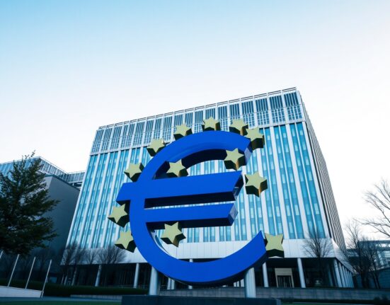 European Central Bank headquarters in Frankfurt with euro symbol in foreground on a clear day