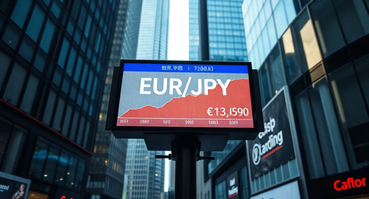 Electronic currency exchange board showing EUR/JPY pair with upward trend in a financial district