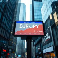 Electronic currency exchange board showing EUR/JPY pair with upward trend in a financial district