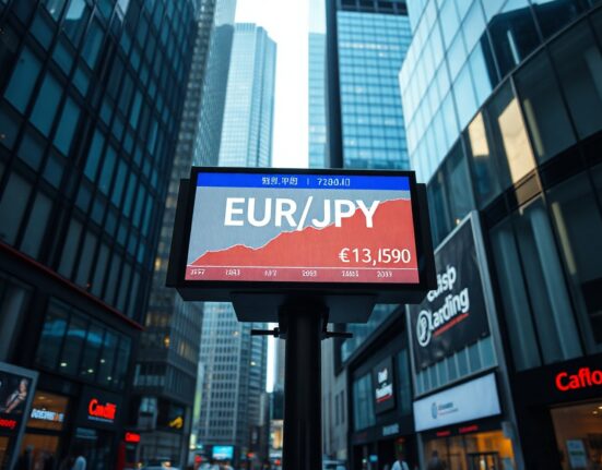 Electronic currency exchange board showing EUR/JPY pair with upward trend in a financial district