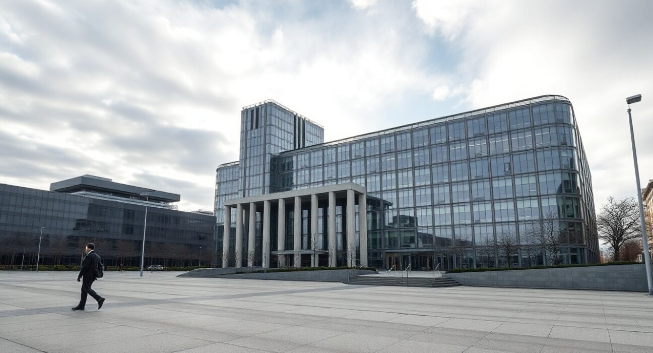 European Central Bank headquarters in Frankfurt under overcast daylight, representing euro monetary policy