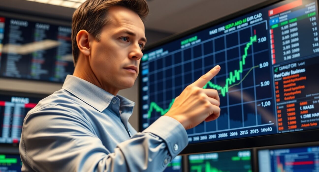 Financial analyst monitoring EUR/CAD chart on trading floor screen