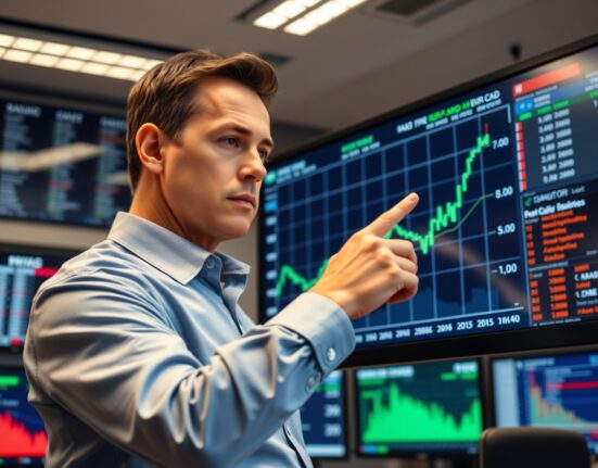 Financial analyst monitoring EUR/CAD chart on trading floor screen