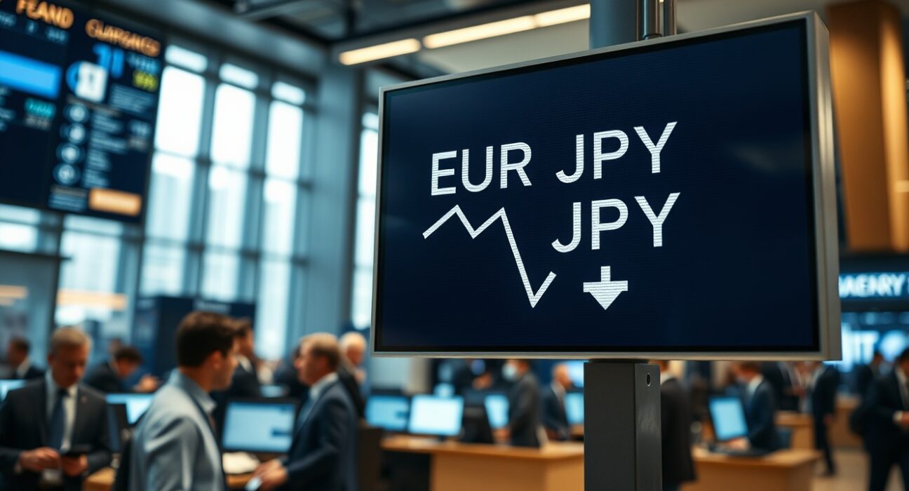 EUR/JPY exchange rate displayed on a trading floor digital board with a downward trend