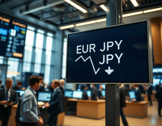 EUR/JPY exchange rate displayed on a trading floor digital board with a downward trend