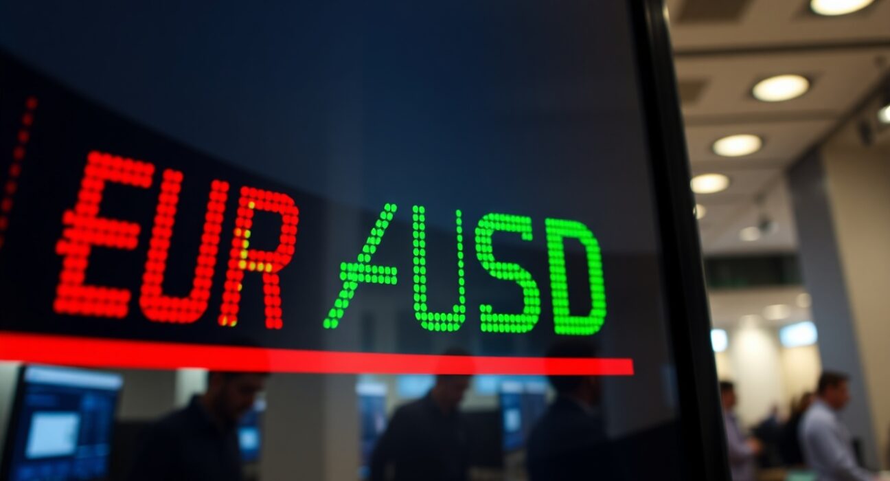 EUR/USD exchange rate displayed on a digital trading screen in a professional trading environment.