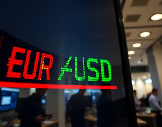 EUR/USD exchange rate displayed on a digital trading screen in a professional trading environment.