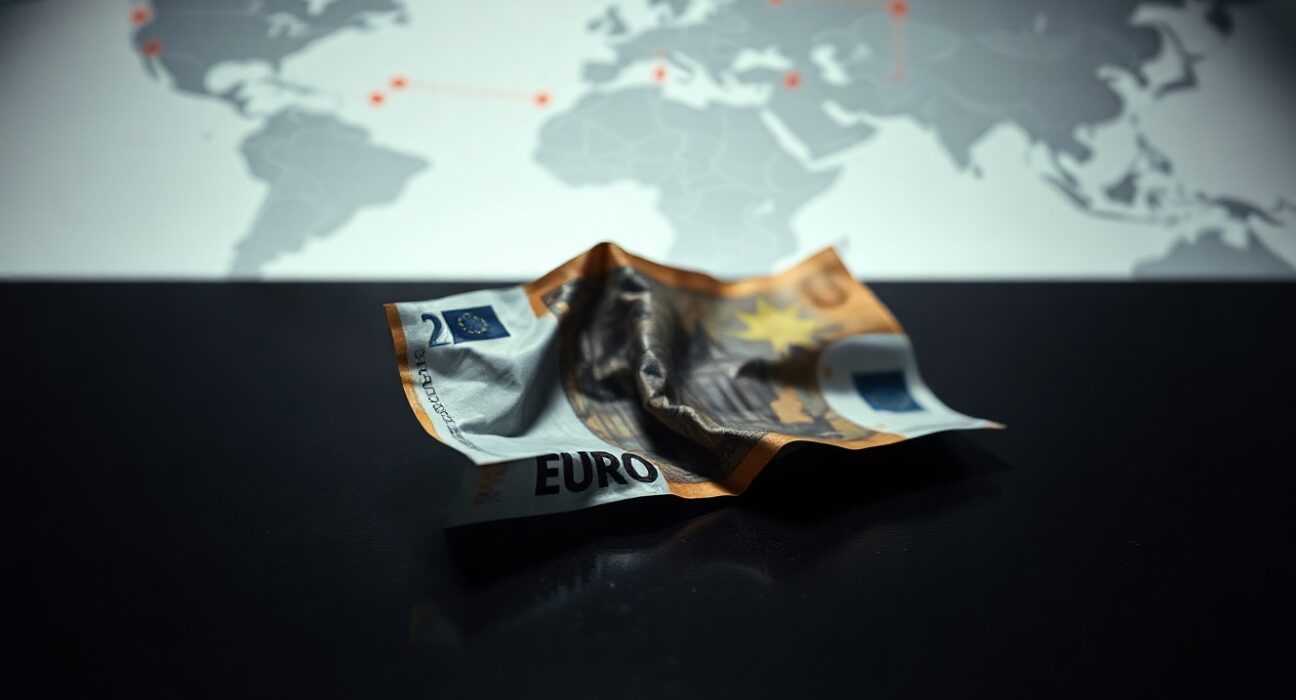 Close-up of a Euro banknote on a dark surface with a shadowed world map in the background, representing currency weakness amid geopolitical risk.