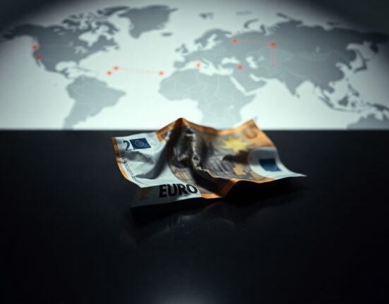 Close-up of a Euro banknote on a dark surface with a shadowed world map in the background, representing currency weakness amid geopolitical risk.