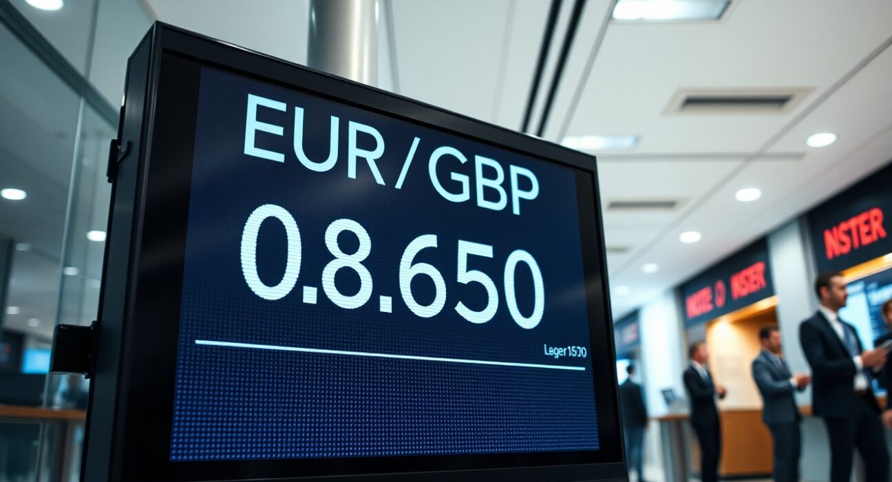 Digital currency exchange board showing EUR/GBP rate at 0.8650 in a financial district