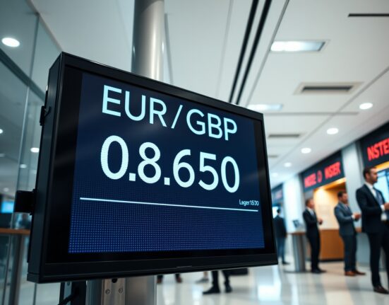 Digital currency exchange board showing EUR/GBP rate at 0.8650 in a financial district