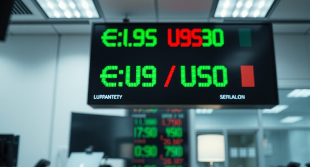 Digital trading board showing EUR/USD exchange rate in a financial newsroom